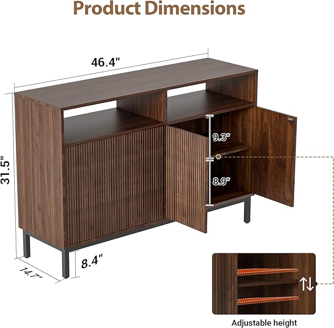 Mericonia Farmhouse Buffet Sideboard Cabinet with Storage, Fluted Coffee Bar with Doors and Adjustable Shelves, Modern Wood Console Cabinet for Kitchen, Livingroom (Fluted 4 Door, Walnut)