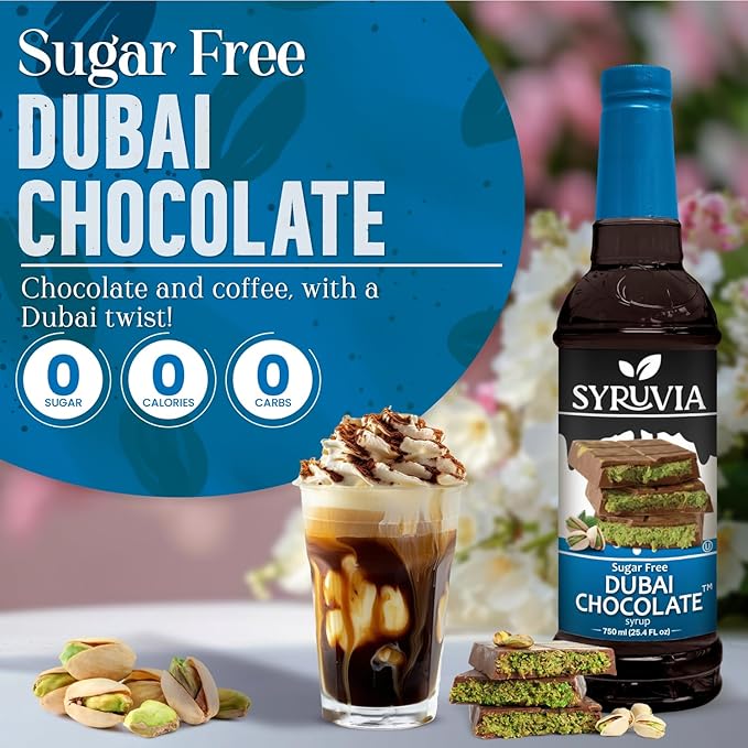 Syruvia Sugar Free Coffee Syrup, Dubai Chocolate Flavored Syrup for Drinks, Lattes, and Desserts – 25.4 fl oz, With Pump