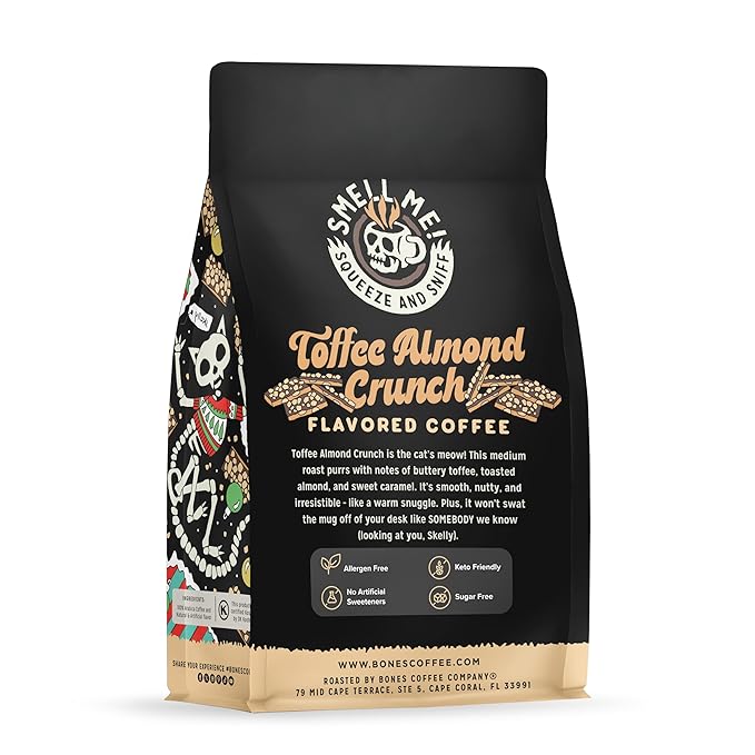 Bones Coffee Company Toffee Almond Crunch, Toffee Almond Flavored Coffee, Medium Roast Low Acid Arabica Beans Compatible with Auto drip and French Press Coffee Maker, 12 Oz Whole Bean
