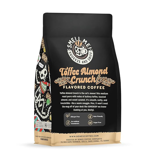Bones Coffee Company Toffee Almond Crunch, Toffee Almond Flavored Coffee, Medium Roast Low Acid Arabica Beans Compatible with Auto drip and French Press Coffee Maker, 12 Oz Whole Bean