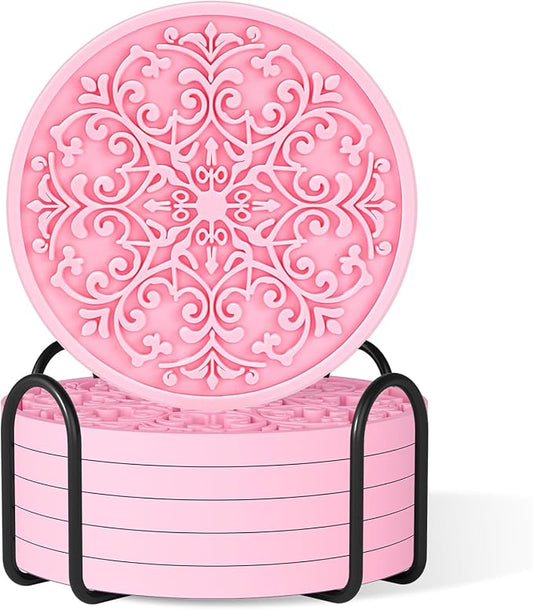 Drink Coasters, Coasters Set of 6 for Cup with Holder, Non-Slip Silicone Cup Mats for Hot and Cold Drinks, Cute Absorbent Coffee Bar Accessories Table Decor, Pink