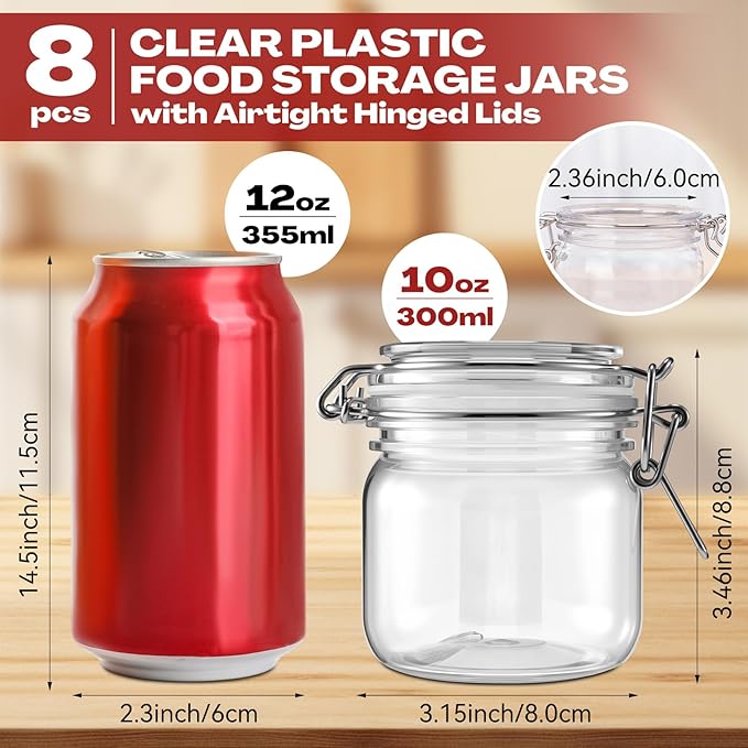 Suclain Plastic Storage Jars with Airtight Hinged Lids, Clear Wide Mouth Food Storage Containers Empty Bottles Sealed Jars for Home Kitchen Candy Herbs Spices Coffee Nuts(8 Pcs,10 Oz/300ml)