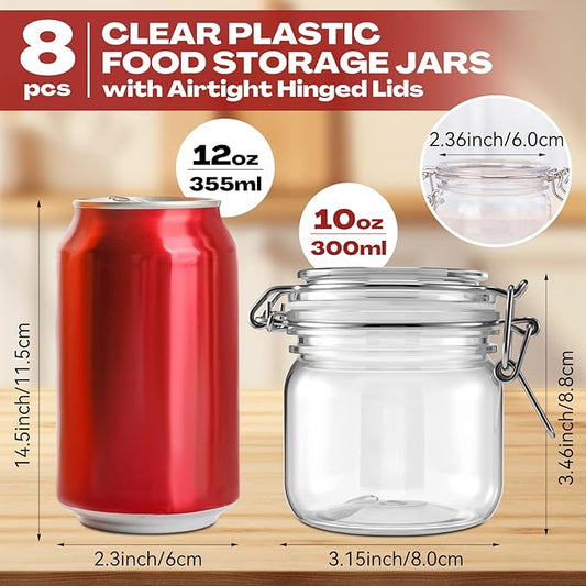 Suclain Plastic Storage Jars with Airtight Hinged Lids, Clear Wide Mouth Food Storage Containers Empty Bottles Sealed Jars for Home Kitchen Candy Herbs Spices Coffee Nuts(8 Pcs,10 Oz/300ml)