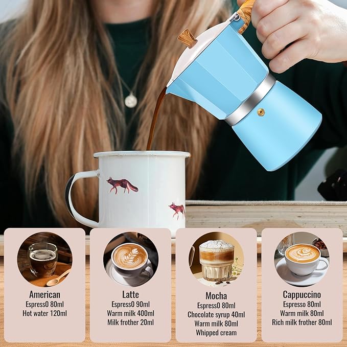 Vaolvpant 6 Cup Aluminum Moka Pot Classic Stovetop Espresso Coffee Maker 300ml 10oz Coffeemaker Percolator Mocha Pot Greca Coffee Maker Cafe Makers for Italian and Cuban Café Brewing Blue