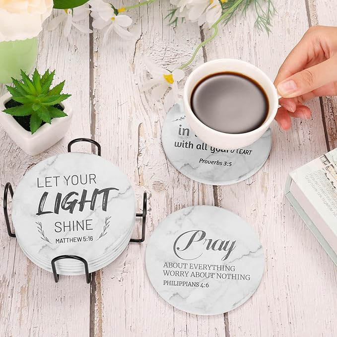 Billbotk Ceramic Coasters with Bible Verses, Coasters Set of 8 with Holder, Absorbent Drink Coasters for Home Decor and Christian Gifts, 4 Inches