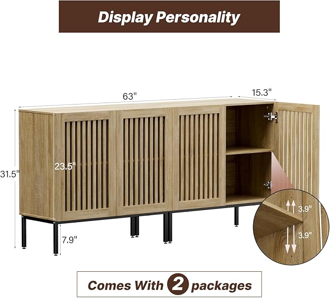 Buffet Cabinet with Storage,Set of 2 Farmhouse Console Table with Metal Base and Adjustable Shelf,Sideboard Coffee Bar Cabinet with 4 Doors for Kitchen,Dining Room,Living Room,Oak