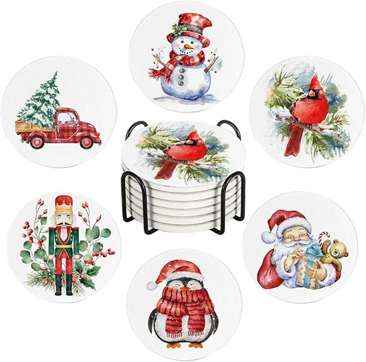 LOKMU Coasters for Drinks,Round Absorbent Ceramic Stone Coaster Sets of 6 with Metal Holder Stand,Watercolor Christmas Coasters with Cork Base for Coffee Wooden Table,Housewarming Gifts