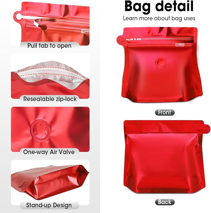 5oz 1/3 lb 60pcs Coffee Bags with Valve,Vented Coffee Bag Barrier Bags Store Bag Coffee Packaging Storage Pouches Stand-up Bag for Food Diamond Shaped Need to Use Heat Sealing Machine（Red）