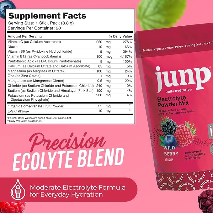 JUNP Sugar Free Electrolytes Powder Packets for Water Instant Hydration Packets with Salt & Potassium, Zero Calorie, No Carbs No Sugar Electrolyte Drink Mix Sticks, Keto Friendly, Wild Berry 20 Pack
