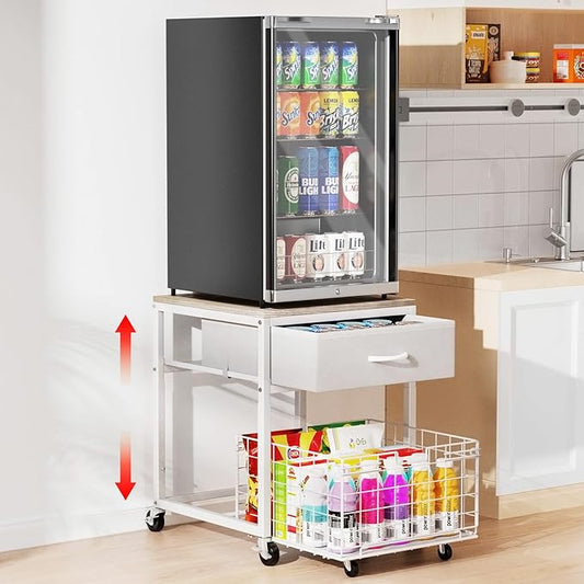 Housolution Mobile Mini Fridge Stand with Storage, Height-Adjustable Mini Beverage Fridge Table, Coffee Bar, 200 lbs Heavy-Duty Compact Refrigerator Shelf with Rolling Cabinet for Kitchen Home, White
