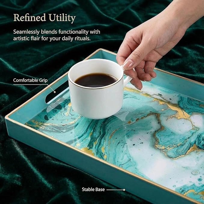Zosenley Decorative Tray, Marbling Plastic Tray with Handles, Rectangular Vanity Tray and Serving Tray for Bathroom, Kitchen, Ottoman and Coffee Table, 15.6" x 10.2" (Golden Blue)