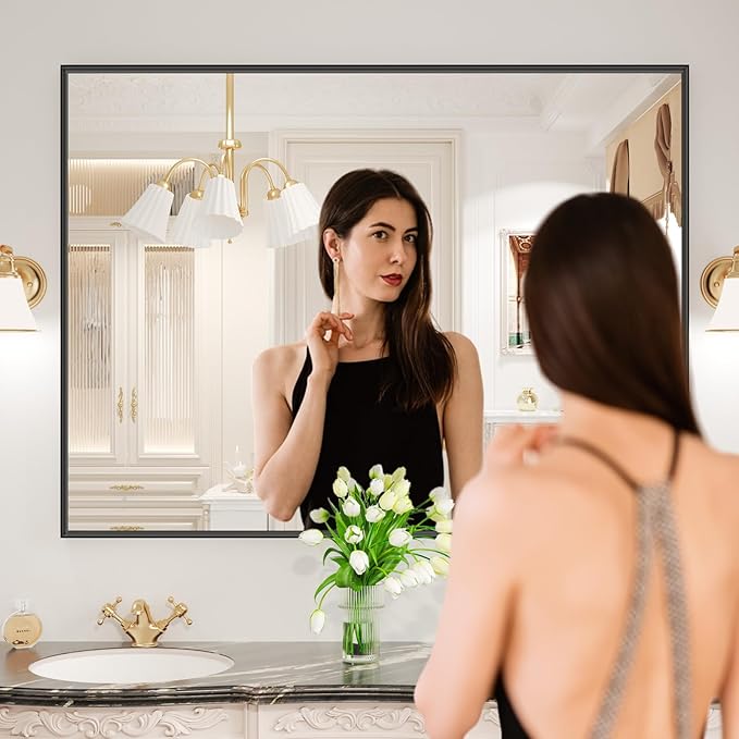 LOAAO Black Bathroom Mirror 48"X36" for Wall, Rectangle Bathroom Vanity Mirror, Tempered Glass, Hangs Vertically or Horizontally, Easy to Install, Modern Design