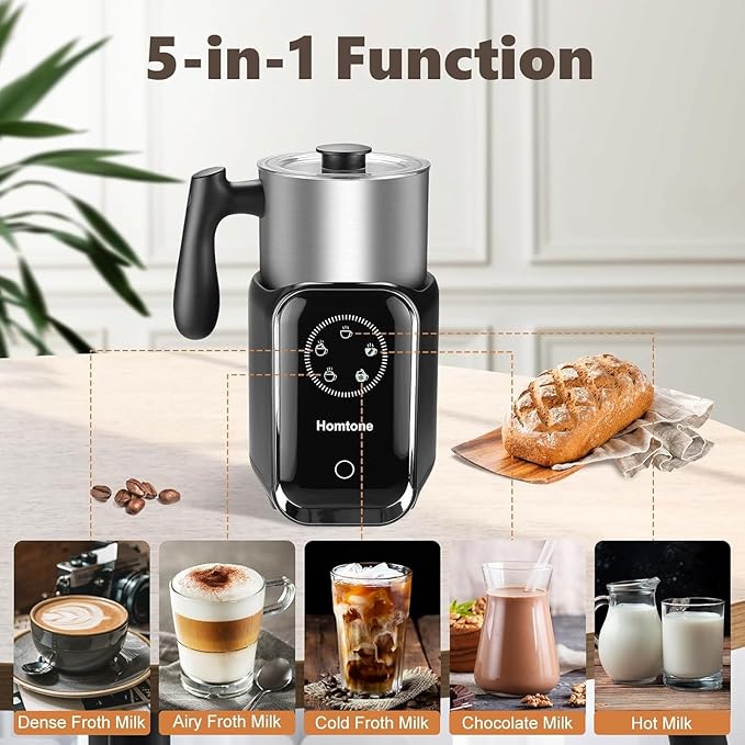 Homtone 5-in-1 Milk Frother and Steamer Electric Milk Frother, 21 oz Induction Milk Frother, 120V Removable Stainless Steel Automatic Milk Steamer for Latte, Hot Chocolate Milk, Hot & Cold Foam, Large