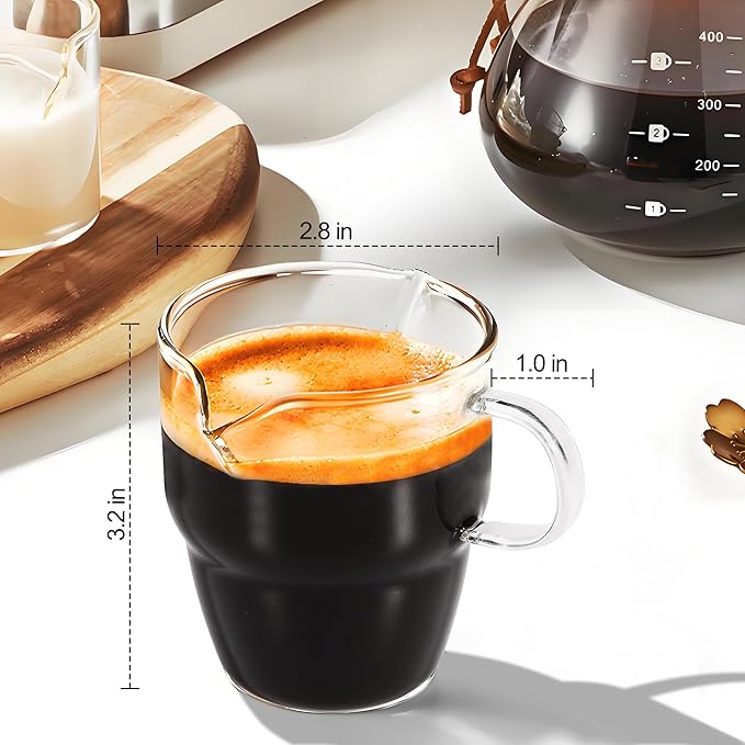 6 OZ Espresso Cups Set of 2, Stackable Double Spouts Espresso Shot Glass, Heat Resistant Espresso Measuring Cup with Handle, Coffee Bar Accessories