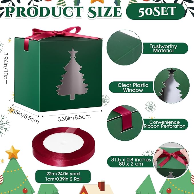 Yeaqee 24 Pcs Gift Boxes with Window Christmas Candle Gift Box Bulk Coffee Sublimation Mug 11oz 12oz 15oz Transparent Cup Wrapping Blink Xmas Tree for Baby Shower Wedding Christmas Party Favor