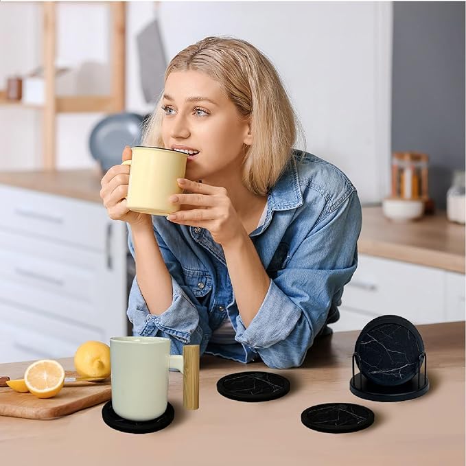 Set of 6 Non-Slip Silicone Coasters with Holder, Double-Sided Absorbent for Hot/Cold Drinks, Scratch & Water Ring Protection for Wood Tables, Home Office Bar, Black Gold Marble (Black White Pattern)