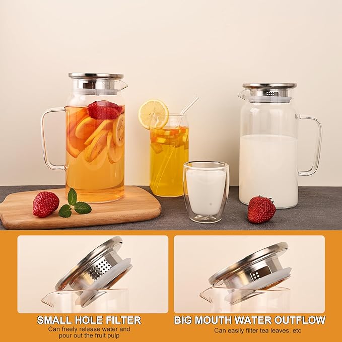 Set of 2 Glass Pitcher with Lid, 1200ml Leak Proof,Glass Water Jugs, BPA-Free,Microwave & Dishwasher Safe Pitcher,Sun & Iced Tea, Sangria,Cold Brew Coffee & More
