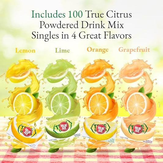 True Lemon, Lime, Orange, Grapefruit, Varrirty Pack 100 Count, On-The-Go Powdered Drink Mix Variety Pack, Zero Calorie Unsweetened Water Flavoring, Each Packet Fits Into a 16.9 oz. Bottle or Cup