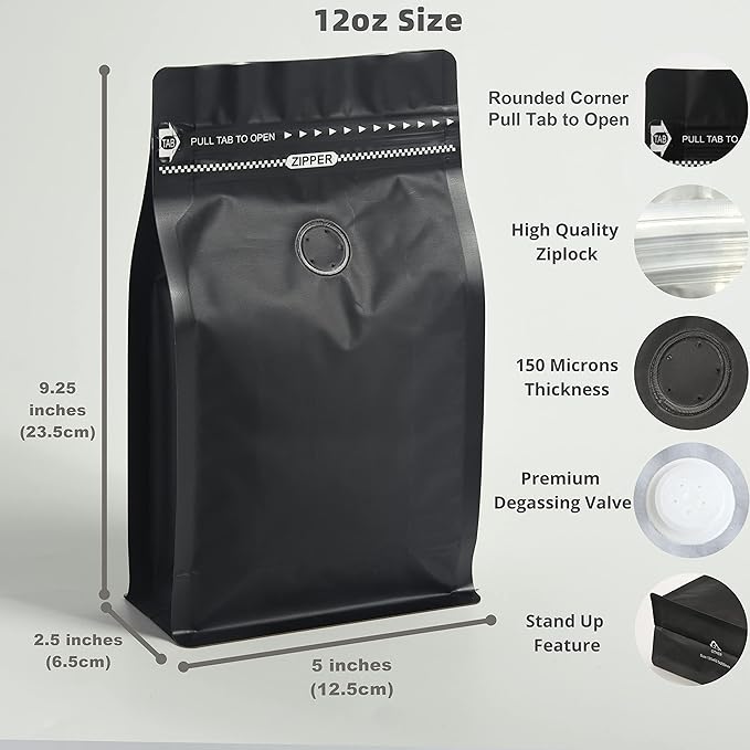 50 Count ¾ LB Black Color Foil Coffee Bags - High Barrier Aluminum Foil - Flat Bottom Coffee Pouches with Degassing Valve, Food Storage Bags with Rsealable Zipper & Easy Open Tape (Pack of 50,