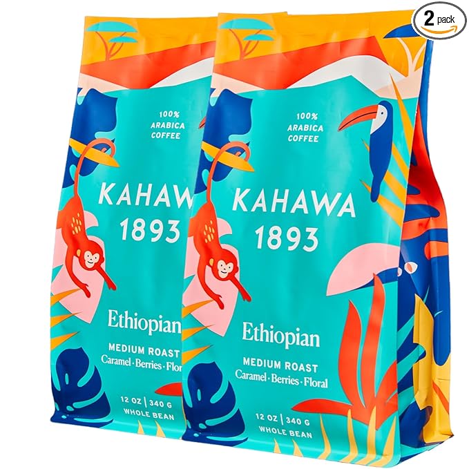 Kahawa 1893 Whole Bean Coffee Medium Roast Ethiopian Blend 24 Oz - As Seen on Shark Tank, High Antioxidants, Naturally Sweet, Organically Grown, Ethically & Sustainably Sourced