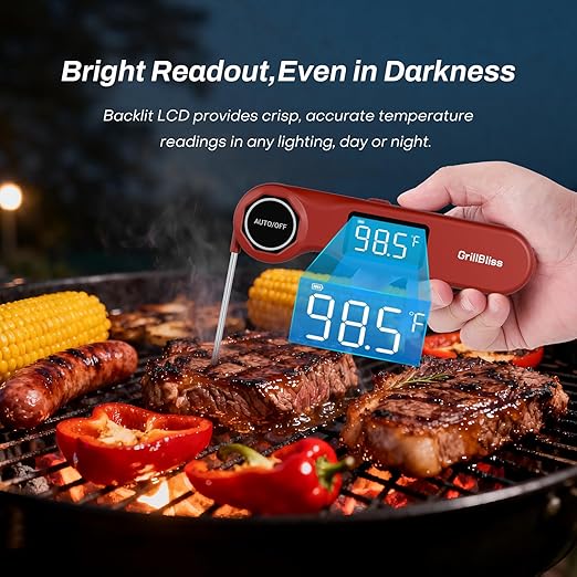 Instant Read Meat Thermometer, GrillBliss Digital Meat Thermometer with ±0.5℉ Accuracy and 0.5S Fast Reading, Food Thermometer with VA LCD Display, Cooking Thermometer for Candy, Grill, BBQ, Brewing
