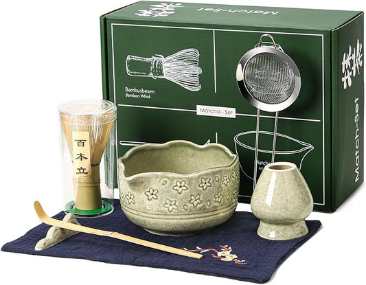 Matcha Whisk Set, 7 Pcs Matcha Kit Includes Ceramic Green Matcha Bowl, Whisk and Holder, Bamboo Scoop, Scoop Stand, Sifter, and Tea Towel - Traditional Tea Ceremony Accessory Set for Matcha Lovers
