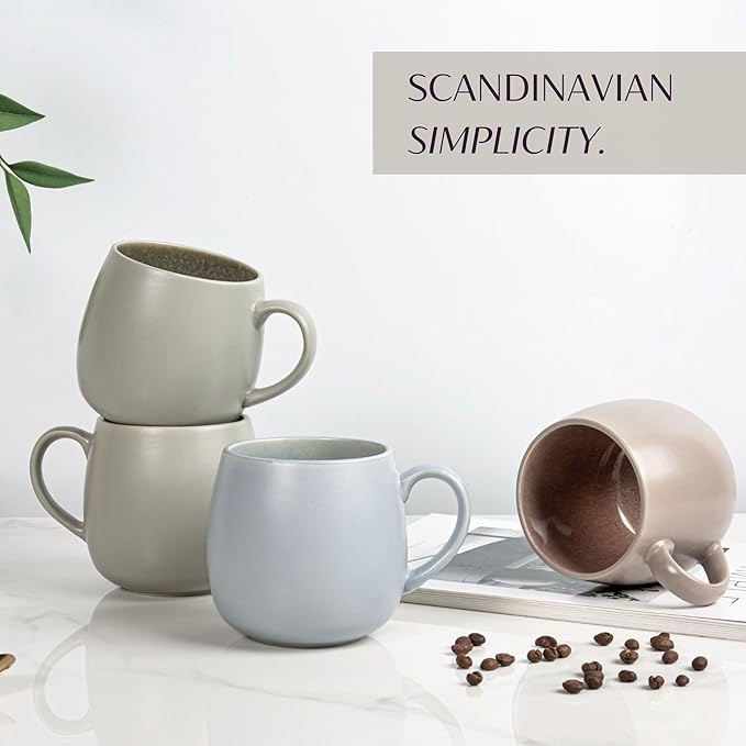 Ceramic Coffee Mugs Set of 6, 14oz - Modern Scandinavian Aesthetic Large Cup- Microwavable Stoneware Coffee Cups with Comfortable Handle - Tea Mug Set for Latte, Cappuccino, Soup - Taupe