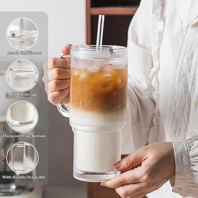 INSETLAN 26oz Glass Tumbler with Handle & Lid – 2-Pack Large Iced Coffee Cups with Straws, Modern Glass Mug for Cold & Hot Beverages, Aesthetic Glass Cups for Smoothies, Tea, and Juice