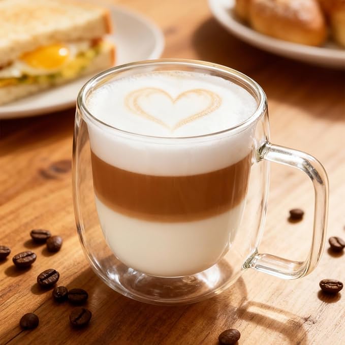 Glass Coffee Cups, Double Walled Glass Coffee Mugs 14oz, Insulated Clear Coffee Mug for Espresso Cappuccino Latte Tea Hot Iced Beverage, Expresso Cups coffee mugs set of 4 glass