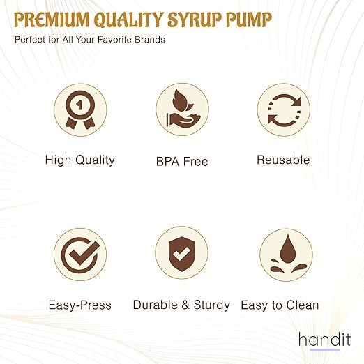 HANDIT - Gold Coffee Syrup Pumps with Tip Covers | Fits 25.4oz/750ml Liter Torani, Skinny, Davinci | Fits Monin Plastic 33.8oz Bottles | Does Not Fit Monin Glass 750ml | 6 w/Covers