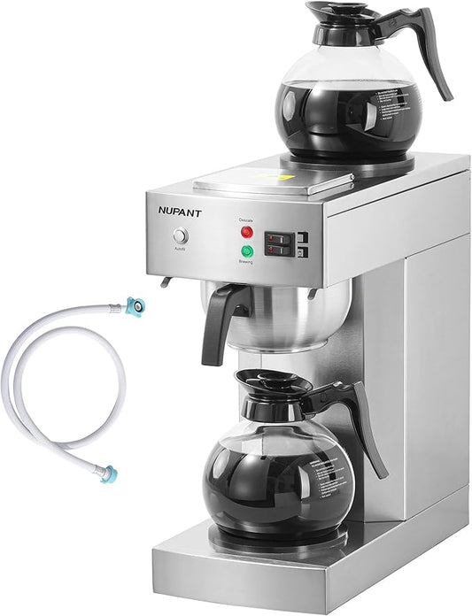 12-Cup Commercial Coffee Maker with Water Line 1.8L Auto-Filling Drip Coffee Maker Machine with 2 Glass Carafes and 2 Warmers Stainless Steel Pour over Coffee Brewer for Restaurant Office cafe