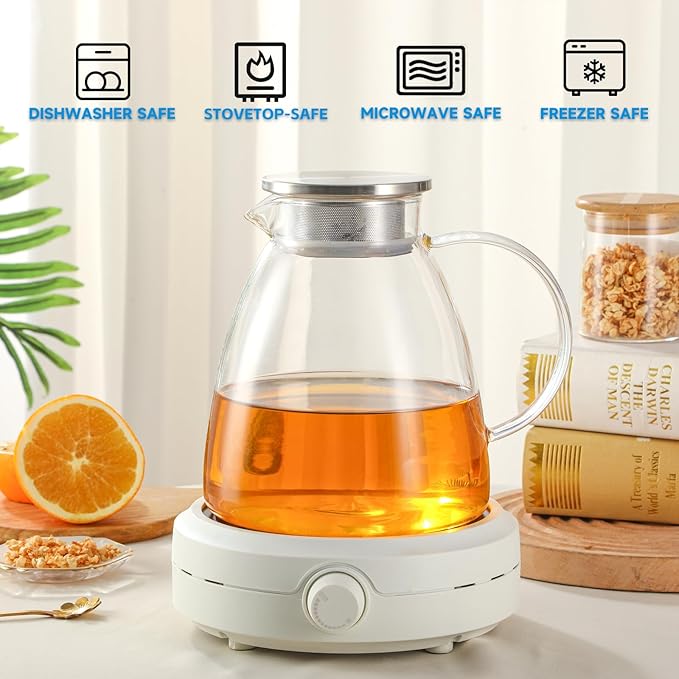 GURUDAR 68OZ/2000ML One Touch Glass Teapot with Stainless Steel Filter Lid, Stovetop & Microwave Safe Tea Maker Water Kettle, Strainer & Cover 2 in 1 Loose Leaf Tea Steeper Pot Coffee Carafe
