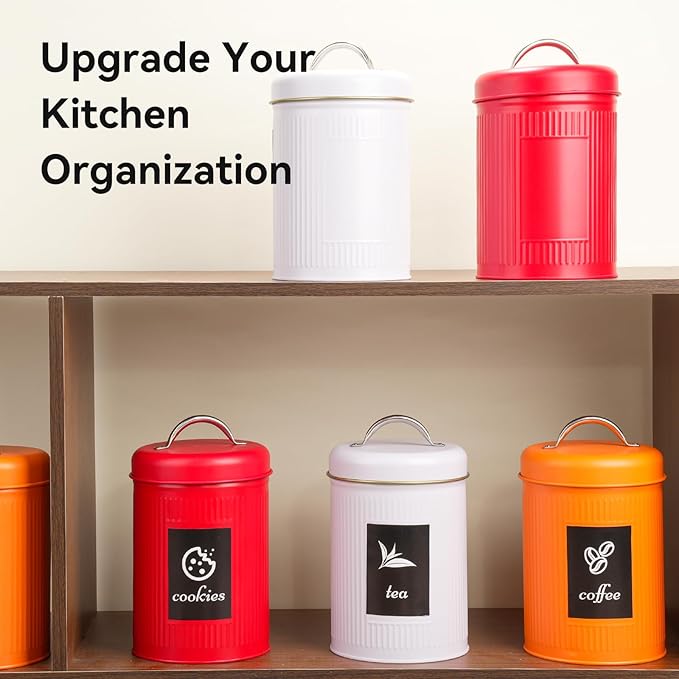 Farmhouse Coffee Canister Storage Container, 42 Oz Vintage Coffee Bean Airtight Jar with Lid, Food Tins with 12 Label Stickers, Kitchen Counter Pantry Organization for Candy Sugar Cookie Tea (Orange)