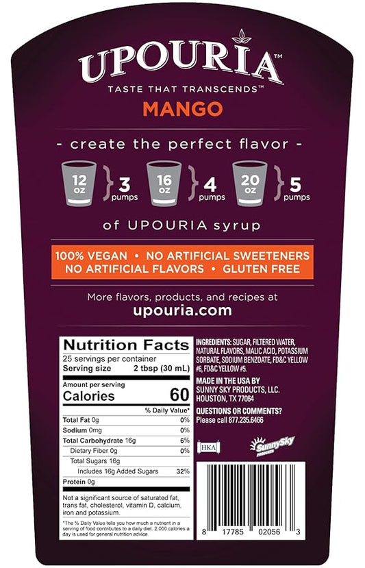 Upouria Mango Syrup Flavoring, 100% Vegan, Gluten-Free, Kosher, 750ml bottle (Pack of 2) with 1 Syrup Pump