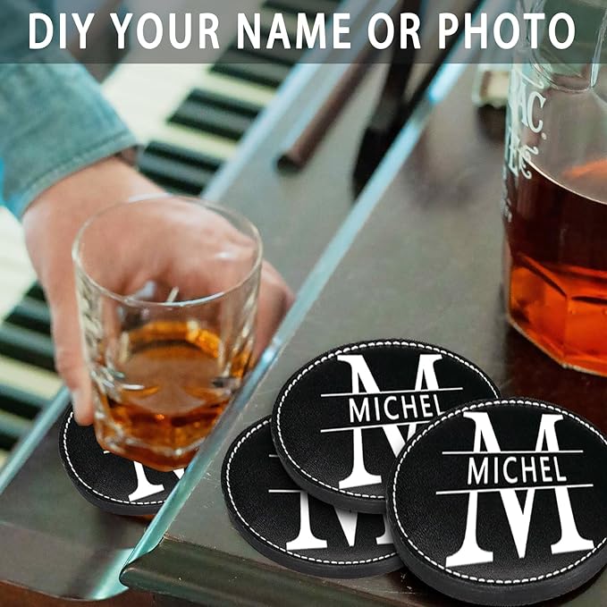Personalized Coasters, Custom Set of 6 Leather Coaster for Drinks with Holder, DIY Name/Photo/Logo, Non-Slip, Heat Resistant, Waterproof for Coffee Table Bar Beer Wine Cup Housewarming