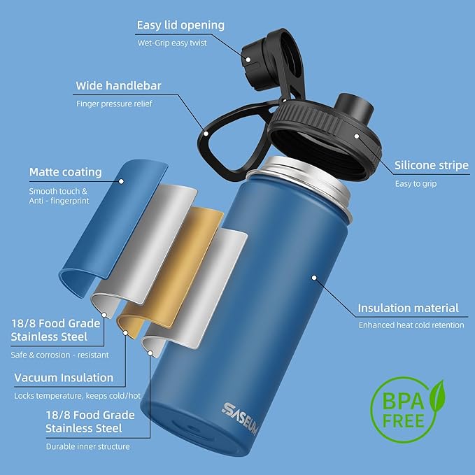 SASEUM Kids Sport Water Bottle 16oz Stainless Steel Double Wall Vacuum Thermal Mug with Leak Proof Spout Lids, Wide Mouth Metal Insulated Water Jug for Gym and Travel（Navy）