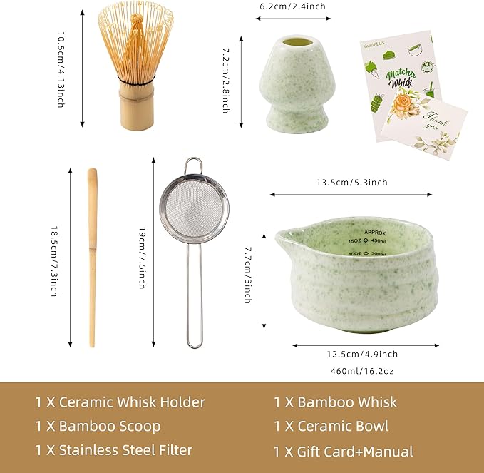 5pcs Premium Matcha Set,Ceramic Bowl with Spout and Bamboo Whisk set, Ceremonical Matcha Kit for breakfast/latte,Tea Starter Making Kit,Unique Matcha Gift set (green)