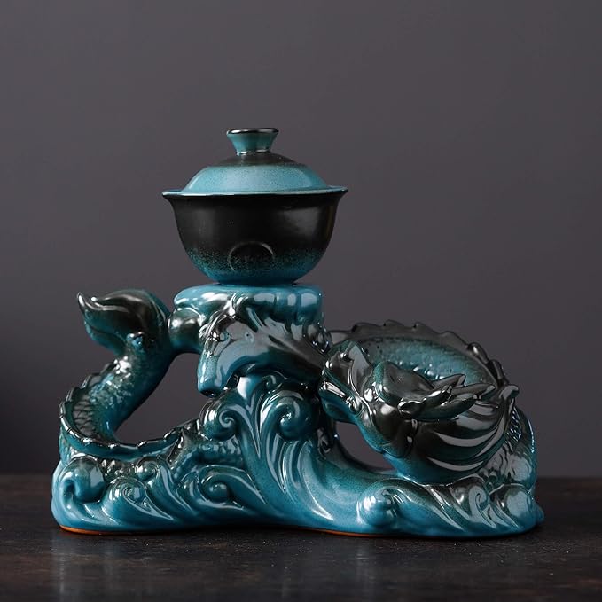 Semi Automatic Tea Set Ceramic Teapot with Infuser Magic Teapot with 8 cups (Light Blue Dragon-D)
