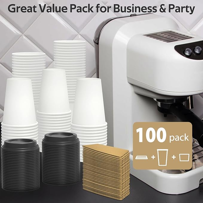 Dealusy 100 Pack 12 oz Disposable Coffee Cups with Lids and Sleeves, Sturdy Thick Paper & Leak-free Insulated to Go Paper Hot Coffee Cups with Sip Lids for Hot & Cold Beverage | with Lids, and Sleeves, Sturdy, Leak-free, Insulated, to Go Coffee Cups