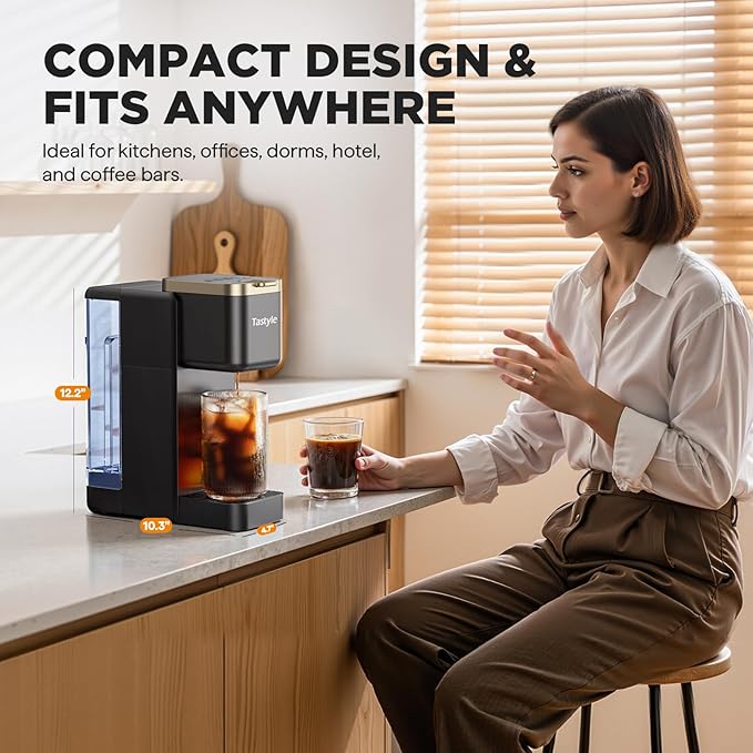 Tastyle Single Serve Coffee Maker, Iced and Hot Coffee Machine for K Cup & Grounds, Compact Design, 40oz Removable Water Reservoir, 6 to 24 Oz Brew Sizes, Fits 7.3" Travel Mug, Black+Gold