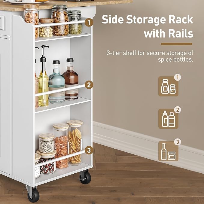 Kitchen Island with Power Outlets & Drop Leaf, Rolling Kitchen Cart on Wheels, Kitchen Storage Island with Spice Rack and Drawer, Mobile Island Table for Kitchen, Dinning, White and Natural