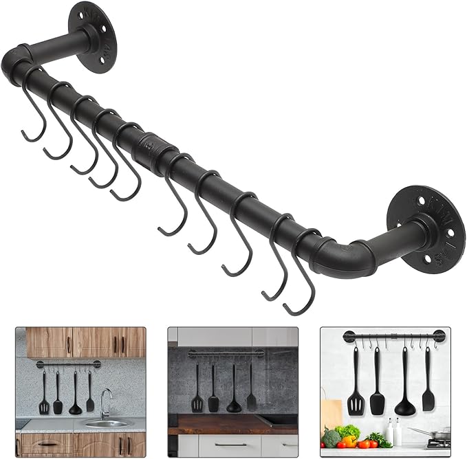 Wall-mounted Kitchen Pot Pan Rack with Hooks Industrial Hanging Utensil Holder Sturdy Space-saving Wall Rail Organizer for Cookware and Pots Easy to Install and Wear-resistant