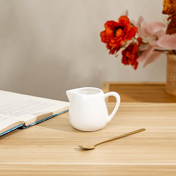 Koythin 2-Piece Ceramic Small Coffee Creamers, Tiny Creamer Pitcher for Milk Sauces Chocolate Jam, Adorable White Milk Pitchers for Parties Afternoon Tea, Salad Dressing Container (4.3 oz/125 ml)