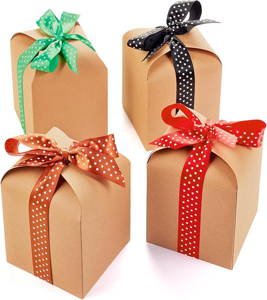 Brown Kraft Cookie Boxes with Lids & Ribbons (20 Pack) 6x5x5 Tall Square Gift Boxes for Mugs, Small Presents, Candles, Baked Goods, Candy, Fudge, Christmas, Decorative Food Packaging, Bulk, Empty