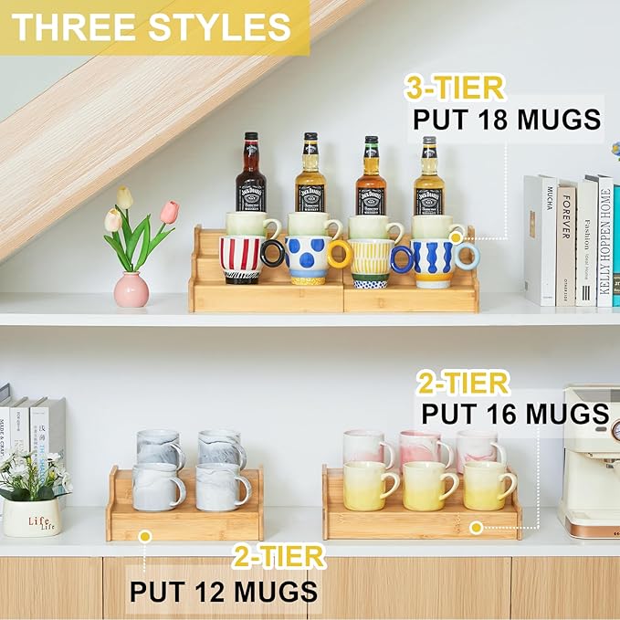 3-Tier Expandable Bamboo Mug Holder For Countertop Coffee Cup Holder Display Mug Organizer Mug Rack for Coffee Bar Organizer Mug Shelf for Cabinet for Kitchen, Home