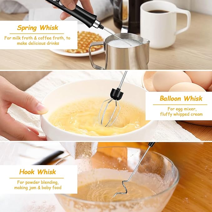 FITNATE Rechargeable Milk Frother with Stand, Handheld Milk Frother with 3 Stainless Whisks, 3 Speeds Drink Mixer Foam Maker for Coffee, Latte, Cappuccino, Hot Chocolate, Egg