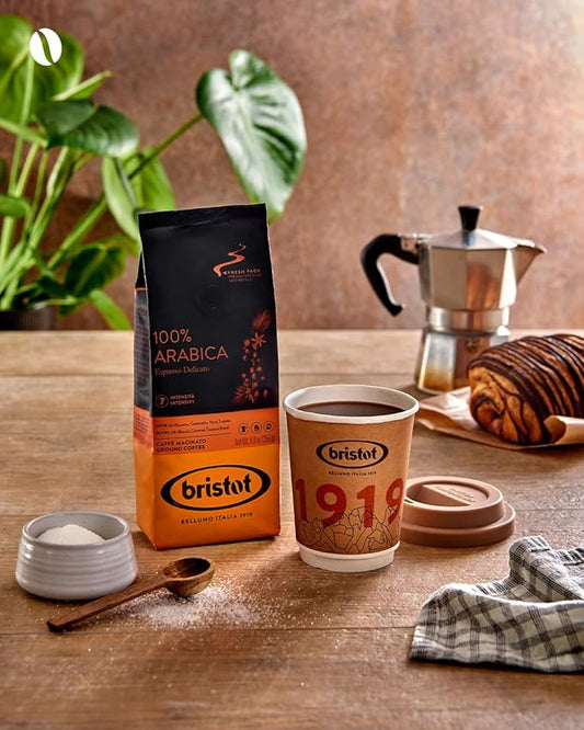 Bristot 100% Arabica Ground Coffee – Italian Espresso Delicato – Medium Roast – Ground Coffee for Moka Pot, French Press & Pour Over – 8.8oz (250g)