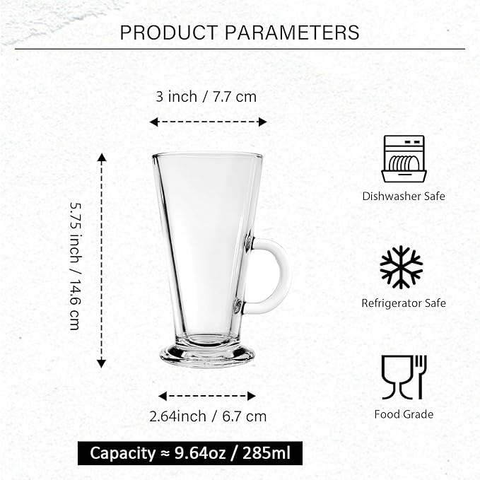Irish Coffee Mugs Set of 6 - Tall Latte Cups 9 Ounces - Glass Coffee Cups with Handle for Cappuccino, Hot Chocolate, Smoothie, Cold Beverages