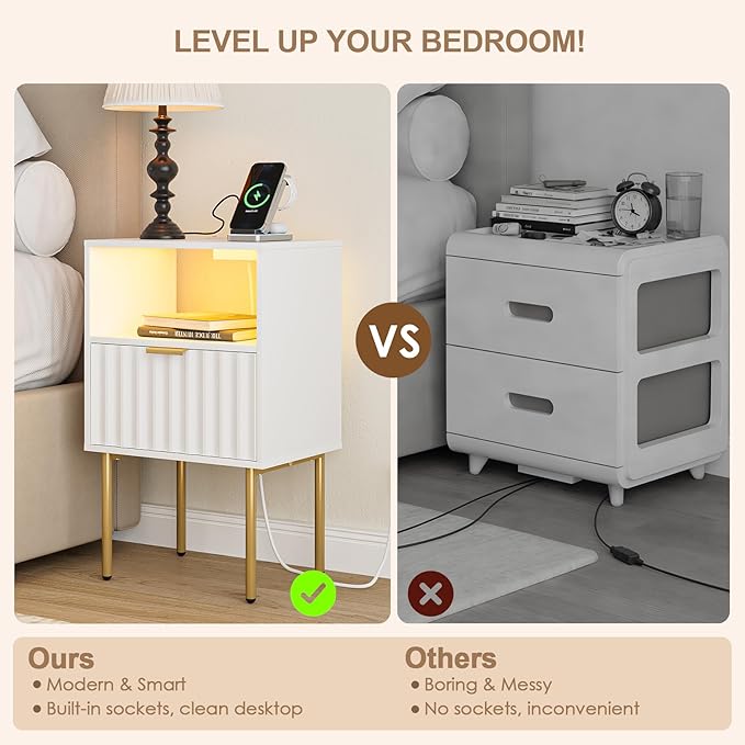 Nightstand with Charging Station and LED Lights, Modern White Bedside Table with Fluted Panel Drawer and Gold Legs, Side Table with USB Ports & Outlets for Bedroom, Living Room