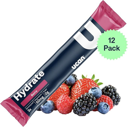UCAN Hydrate Electrolyte Drink Mix (Berry, 12 Stickpacks) Sugar-Free, Keto-Friendly, Vegan, Non-GMO, Gluten-Free Electrolyte Powder with Potassium & Magnesium for Runners & Athletes